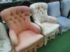 2 upholstered armchairs with button backs & a low upholstered chair. Estimate £20-30.