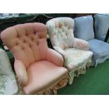 2 upholstered armchairs with button backs & a low upholstered chair. Estimate £20-30.