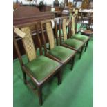 4 dining room chairs with green pad seats & cane panel to chair back. Estimate £20-40.
