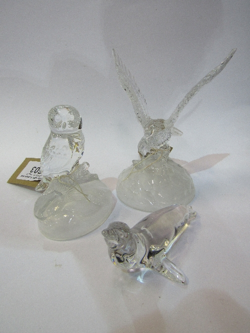 Villeroy & Boch glass seal figurine, a glass owl figurine, a glass eagle figurine & a resin model of