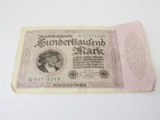 100,000 Reichsbanknote, dated 1923. Estimate £20-30.