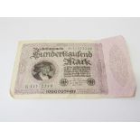 100,000 Reichsbanknote, dated 1923. Estimate £20-30.