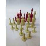 Antique bone chess set, complete but 2 red pawns do not match the rest. Estimate £20-30.