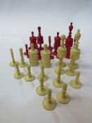 Antique bone chess set, complete but 2 red pawns do not match the rest. Estimate £20-30.