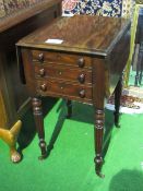 Small rosewood/mahogany side table with drop-leaf, 3 drawers, turned column legs to castors, 78cms x