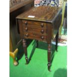 Small rosewood/mahogany side table with drop-leaf, 3 drawers, turned column legs to castors, 78cms x