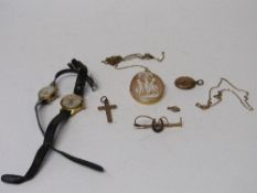 2 lady's watches, 9ct gold crucifix, 15ct gold stock pin, locket, 3 necklaces & a brooch.