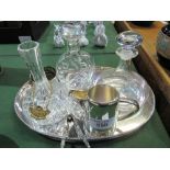 3 glass decanters, pair of coasters, a silver plate milk jug, nut crackers, silver plate tray & a