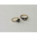 9ct gold solitaire diamond ring, size I, wt 2.1gms & a gold coloured ring set with diamond & green