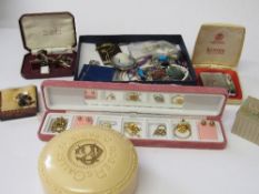 Qty of costume jewellery, cufflinks, & a Mosda cigarette lighter. Estimate £10-15.