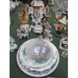 John Ridgway dish, qty of pottery & china figures, 2 plates & a glass bon-bon dish. Estimate £30-