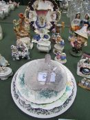 John Ridgway dish, qty of pottery & china figures, 2 plates & a glass bon-bon dish. Estimate £30-