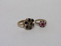 9ct gold sapphire cluster ring, size M 1/2 & a 9ct gold red & white stone ring, size K, total wt 6.