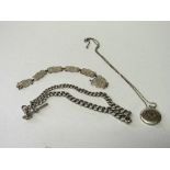 Hallmarked silver watch chain, 1.6ozt, sterling silver filigree bracelet & 830 silver hallmarked