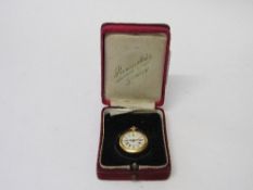 18ct gold cased miniature pocket watch with enamel decoration on back of case, Swiss movement