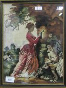 Framed & glazed tapestry picture of a woman & a dog, 'The Souvenir'. Estimate £20-40.