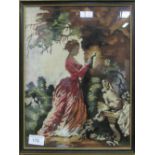 Framed & glazed tapestry picture of a woman & a dog, 'The Souvenir'. Estimate £20-40.