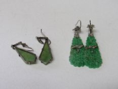 Pair of jade & diamond drop earrings & a pair of silver & marcasite (possibly) jade drop earrings.