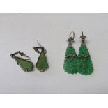 Pair of jade & diamond drop earrings & a pair of silver & marcasite (possibly) jade drop earrings.