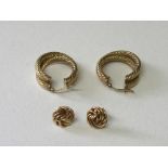 Pair of 9ct gold twisted loop earrings & a pair of 9ct gold knot earrings, total wt 6.8gms. Estimate