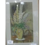 Framed & glazed painting of still life vase of lupins, signed G A Moore & framed & glazed print of