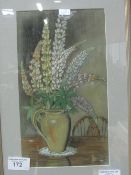 Framed & glazed painting of still life vase of lupins, signed G A Moore & framed & glazed print of