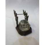 19th century American Judd cast bronze pen rack with glass inkwell & hallmarked silver lid. Estimate