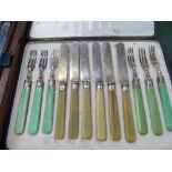 Box of bone handled knives & forks & an Asprey set of bone handled fruit knives & forks. Estimate £