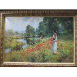 Gilt framed oilograph of young girl picking flowers beside a stream. Estimate £5-10