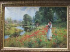 Gilt framed oilograph of young girl picking flowers beside a stream. Estimate £5-10