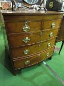 Mahogany bow fronted chest of 2 over 3 graduated drawers with ornate brass escutcheons & handles,