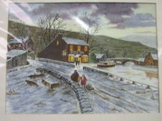 Unframed watercolour of 'The Barge Inn', framed & glazed poster of Shelburne Museum & a framed &