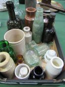 Box of Victorian bottles & 1 misc item. Estimate £10-15.