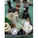 Box of Victorian bottles & 1 misc item. Estimate £10-15.