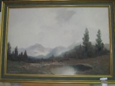 Oil on canvas landscape of lake & mountains, signed C Schmidbauer, 73cms x 103cms. Estimate £50-80.
