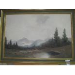 Oil on canvas landscape of lake & mountains, signed C Schmidbauer, 73cms x 103cms. Estimate £50-80.