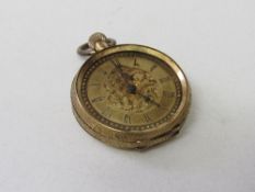 18ct gold lady's decorative cased pocket watch, not going & no glass. Estimate £20-30.