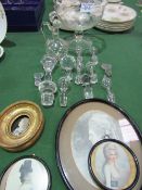 Etched glass bowl, collection of 12 glass decanter stoppers, glass decanter & 4 miniature portraits.