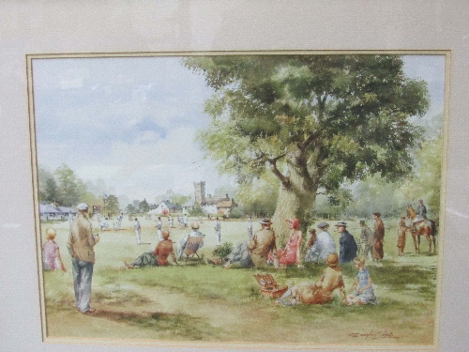 Framed & glazed watercolour of rural scene, signed & framed & glazed print of a village cricket - Image 2 of 2