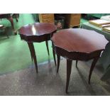 Pair of scalloped edged occasional tables, diameter 61cms x 70cms high. Estimate £40-60.