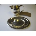 Silver hallmarked small jug, London 1980 by Graham Watling, 6.275ozt & a small silver plated dish.