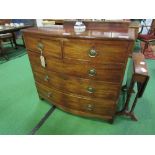 Mahogany bow fronted chest of 2 over 3 graduated drawers, 104cms x 51cms x 92cms. Estimate £50-80.