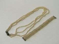 3 rope graduated pearl necklace with marcasite set silver clasps & pearl bracelet. Estimate £80-