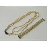 3 rope graduated pearl necklace with marcasite set silver clasps & pearl bracelet. Estimate £80-