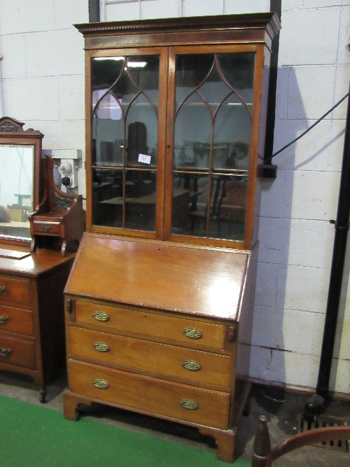 Edwardian mahogany bureau/bookcase with fitted interior & 3 graduated drawers, 92cms x 46cms x - Image 2 of 2