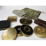 7 various compacts, silver crochet glass case & gold black evening bag, 1950's