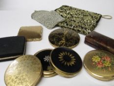 7 various compacts, silver crochet glass case & gold black evening bag, 1950's