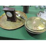 Brass bed warmer, an Indian brass charger, a brass shell case & an oak cased mantle clock.