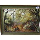 Oil on canvas woodland scene. Estimate £5-10.