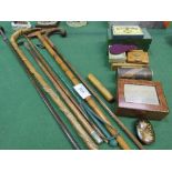 5 walking sticks, a treen container with a brass level, qty of games, box of various keys, a treen